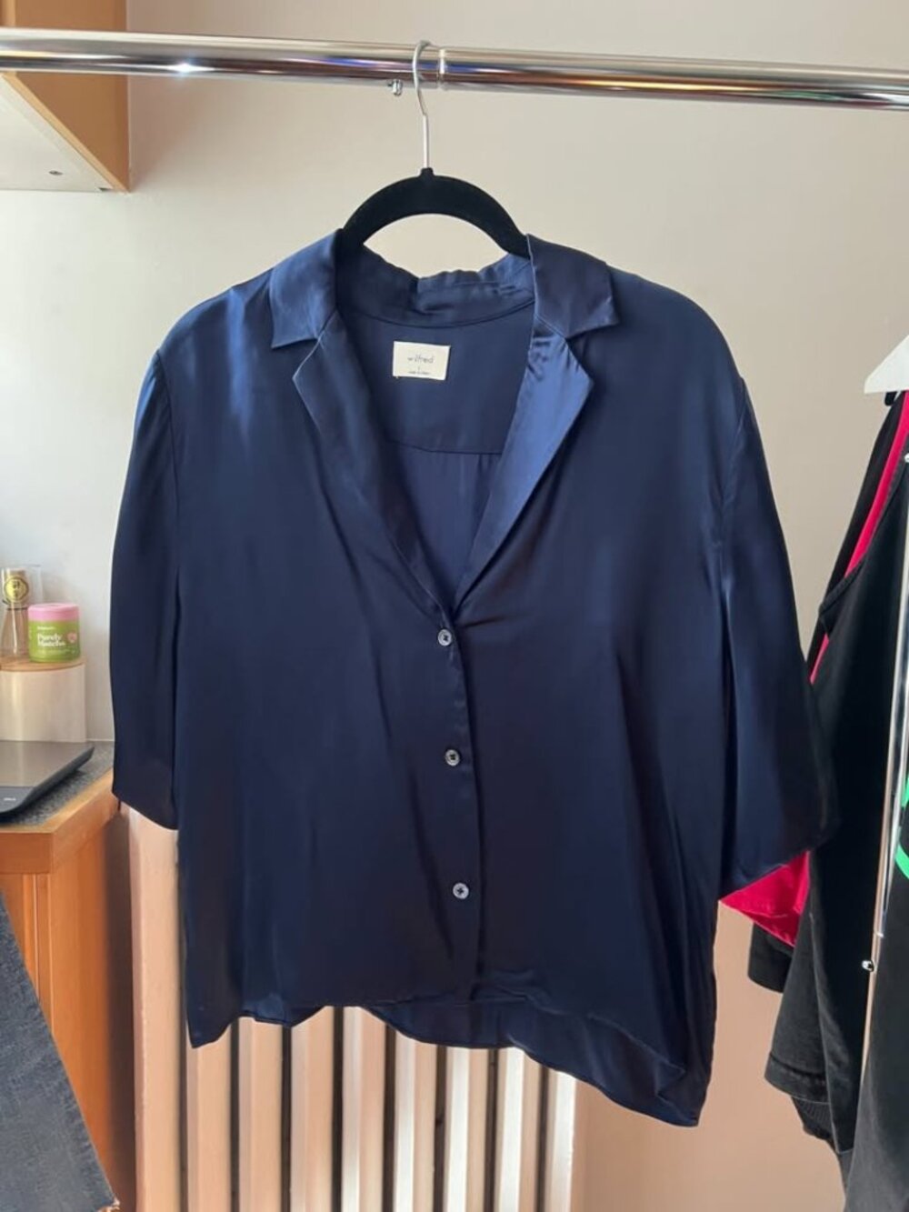 Aritzia Wilfred Satin-Like Navy Blue Button-Up Top